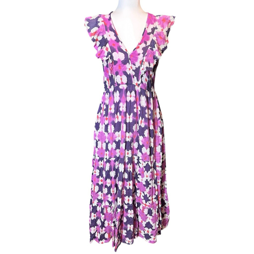 Banjanan Purple Floral Maxi Dress Cotton Gauze Pockets V Neck Fully Lined Small